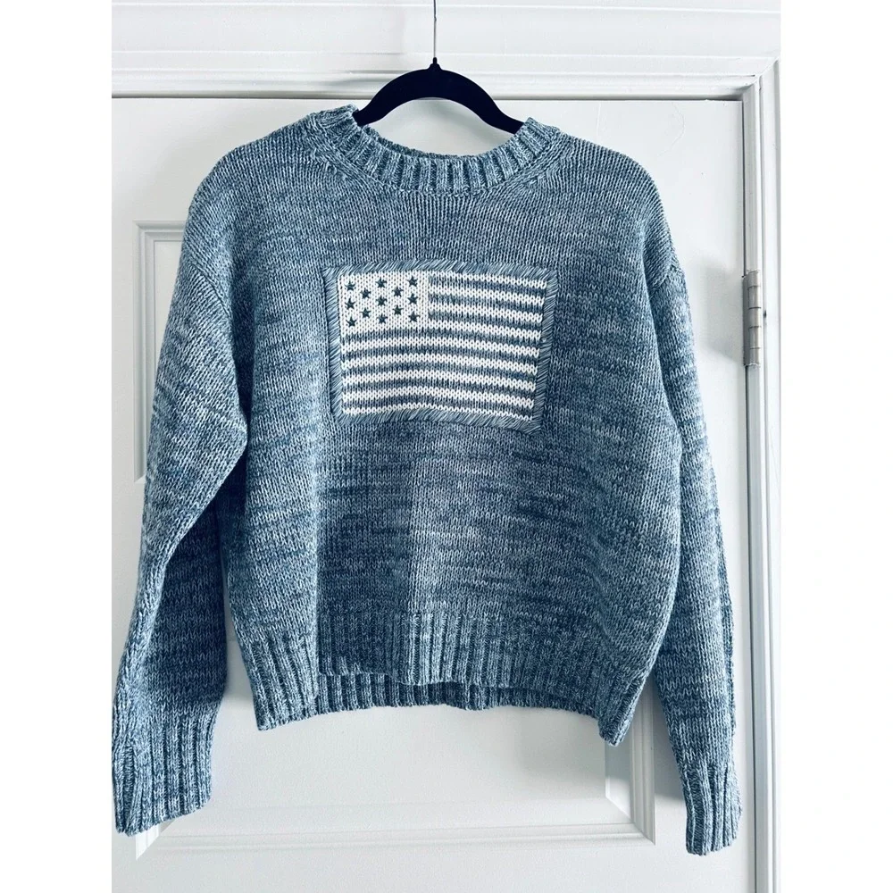 Womens Blue Marled American Flag Cotton Chunky Knit Crewneck Sweater Patriotic